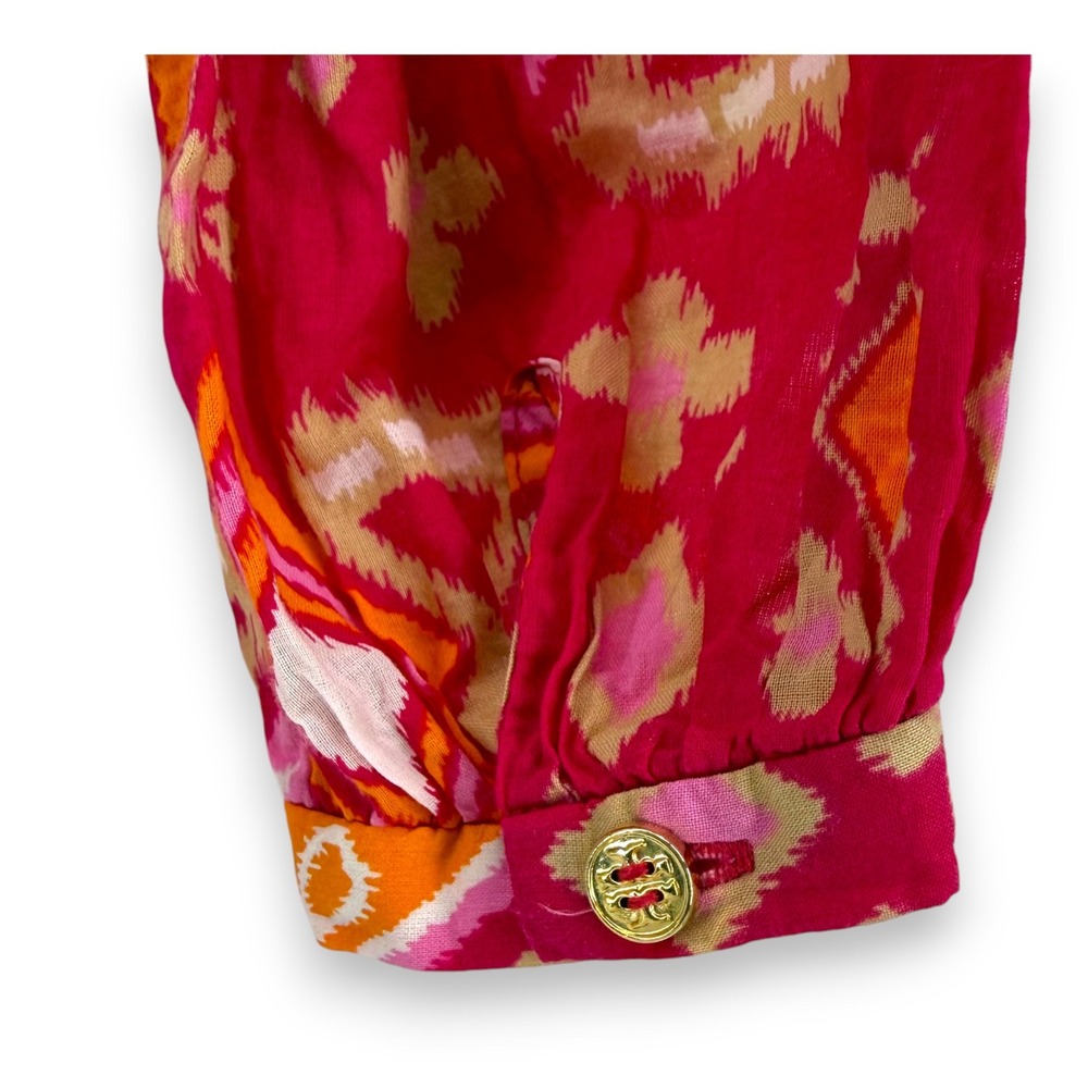 Tory Burch Pink Geometric Print Crochet Tie Neck Cotton Blouse Size 4‎ - Picture 6 of 8